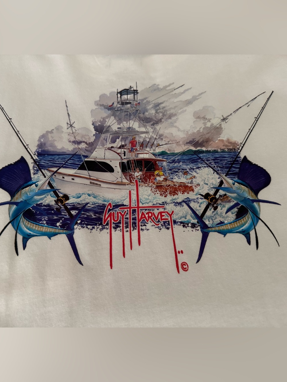 Guy Harvey White/Blue Deep Sea Fishing Tee NWT